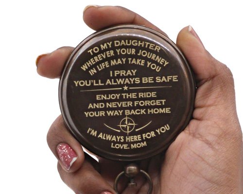 Engraved Sundial Compass with Leather Case – to My Daughter from Mom – Vintage Brass Compass Gift with Inspirational Quote – Graduation, Birthday, Travel Keepsake – Mother to Daughter Gift