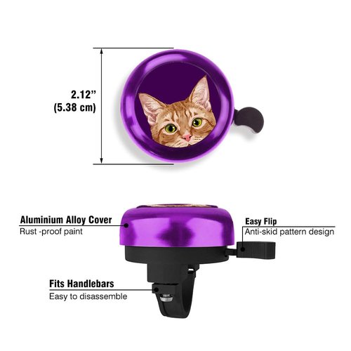 WIRESTER Purple Aluminum Round Bike Bell, Classic Ring Bicycle Bell, Bike Accessories Bell Ring for Adults Kids Girls Boys - Orange Tabby Kitten Cat
