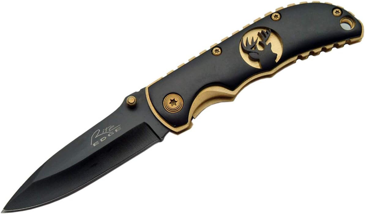 Rite Edge Folding Pocket Knife, Black & Gold Deer Design, 3.5" Compact Stainless Steel Blade, EDC with Pocket Clip