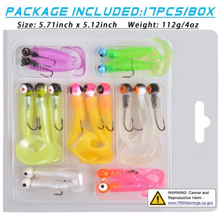 Soft Plastic Fishing Lure Jig Head Hook Kit,Grub Worm Lures Crappie Jigs Head Grub Tail Swimbait Tube Bait Jigs for Saltwater Freshwater, Trout Crappie Fishing 17pcs