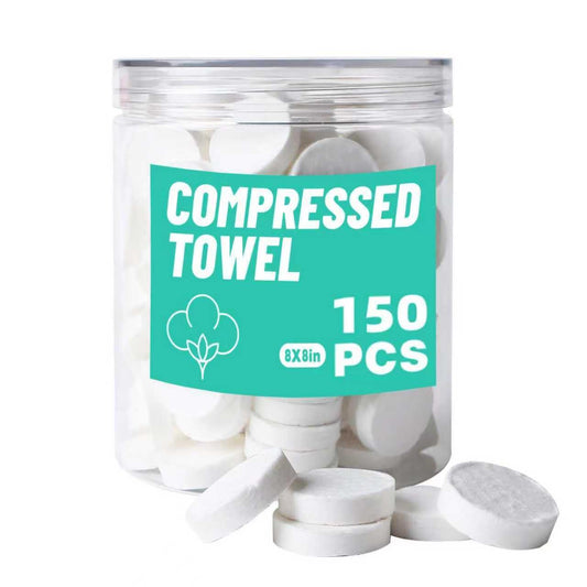 Kiluiu Compressed Towels, Camping Towels, Magic Cotton Wipes, Disposable Facial Towels, High-Capacity Travel/Camping/Hiking, 150Pcs/9X9in (White Pearl Pattern)