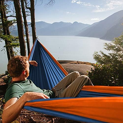 Neolite Double Camping Hammock - Lightweight Portable Nylon Parachute Hammock for Backpacking, Travel, Beach, Yard. Hammock Straps & Steel Carabiners Included (Orange/Blue)