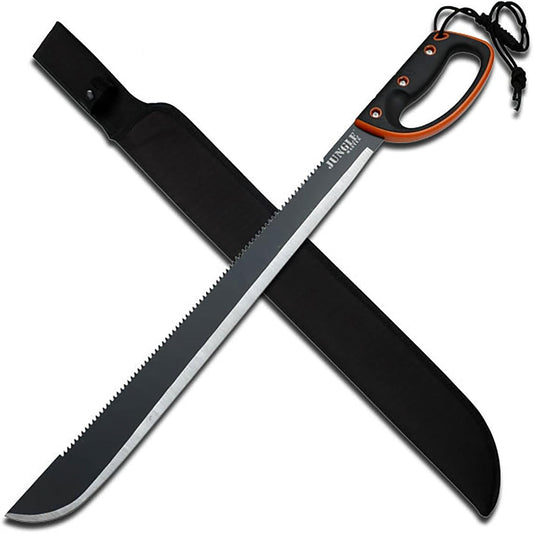 Jungle Master Machete with Reverse Serrations – Full Tang Black Satin Blade & Rubberized Handle for Outdoor Survival, Hunting & Camping – JM-024L