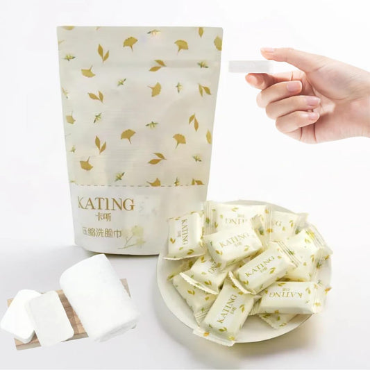 Kating Compressed Magical Towels - Portable Candy-Wrapped Wipes, 100% Biodegradable & Skin-Friendly, Perfect for Travel, Baby Care, Camping, and Everyday Use - (20 Pcs) 1 Pack.