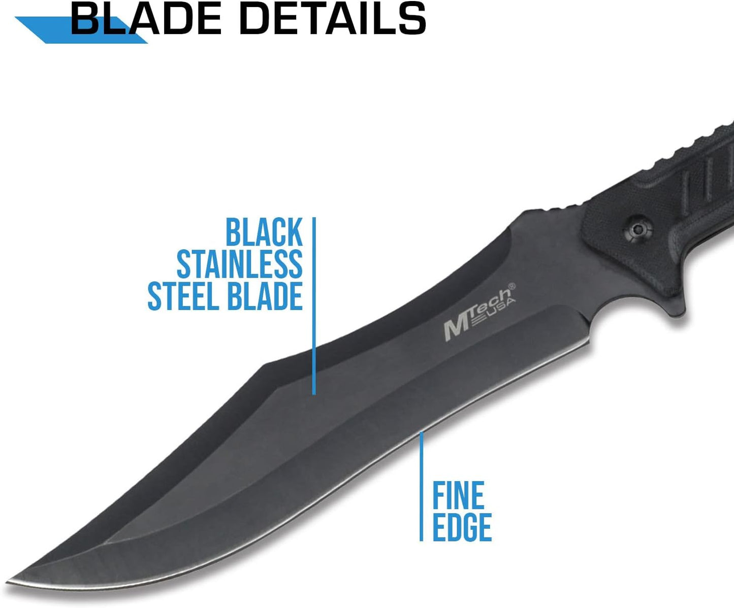 MTech USA – Fixed Blade Knife – Black Stainless Steel Blade with Black Carved G10 Handle, Full Tang, Includes 1680D Nylon Sheath - Hunting, Camping, Survival, Tactical, EDC – MT-20-39