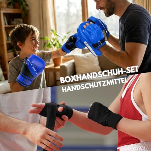 Kids Blue Boxing Gloves and Punching Mitts Set with Hand Wraps - 3-in-1 Martial Arts Gear