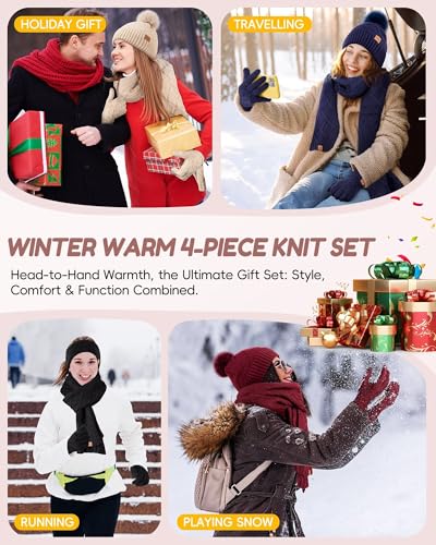 Oatmeal Womens Winter Hat Gloves Scarf Headband Set - 4 in 1 Warm Gift