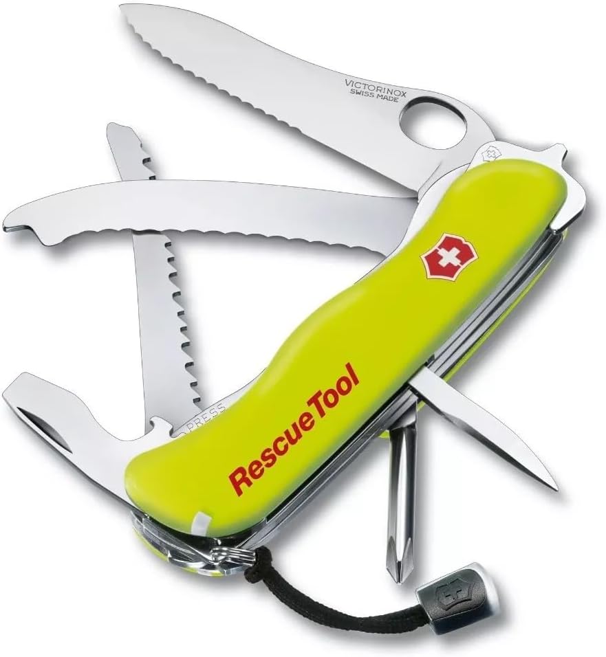 Victorinox Rescue Tool with Nylon Pouch Swiss Army Knife, 13 Functions, Swiss Made Pocket Knife with Seatbelt Cutter and Glass Saw - Fluorescent Yellow