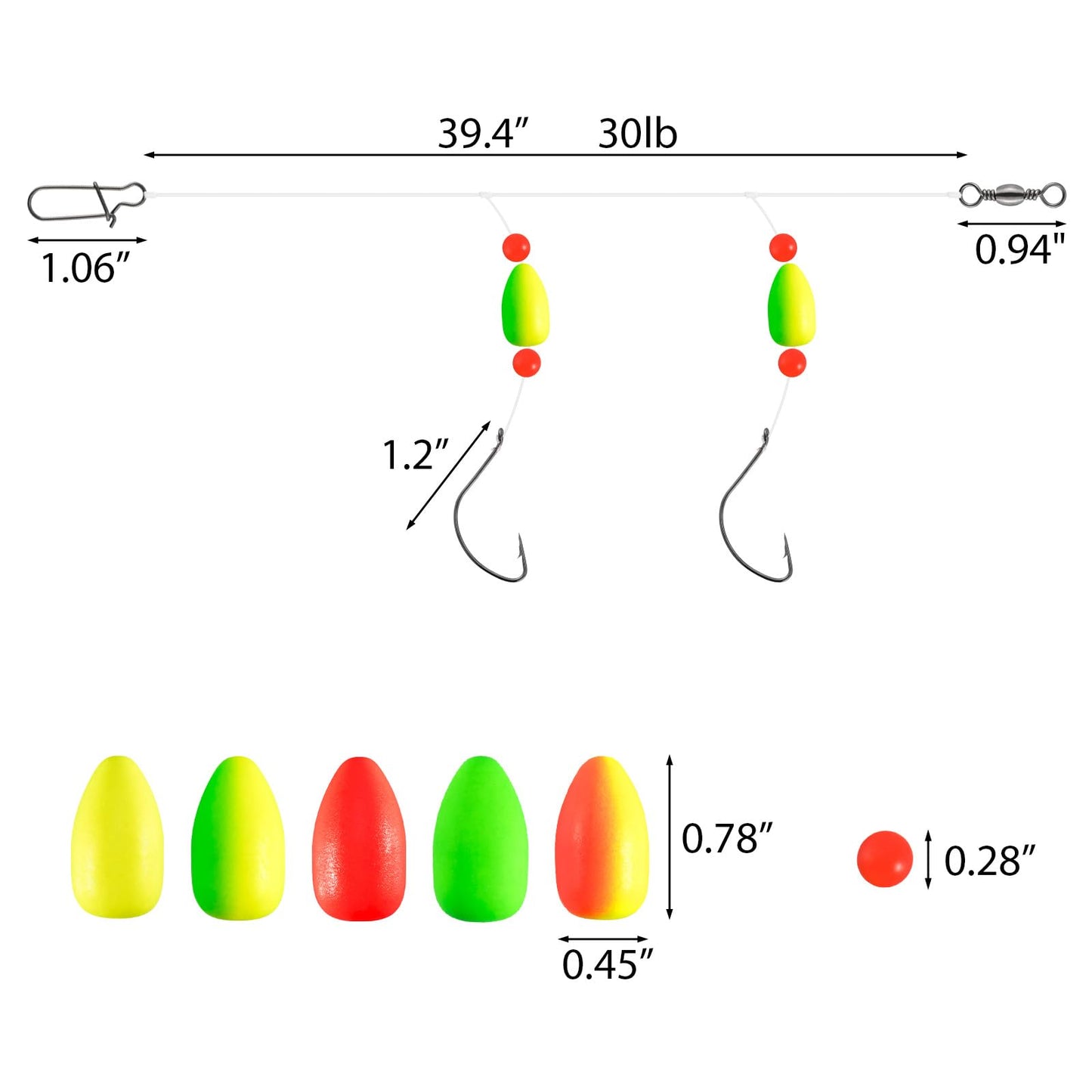 Alwonder 5-Pack Pompano Rigs Surf Fishing Rigs with Snell Floats Saltwater Live Bait Rig, Swivels Duo Lock Snaps Circle Wide Gap Kahle Hooks Rig for Beach Surf Casting Pier Jetty Fishing Green&Yellow
