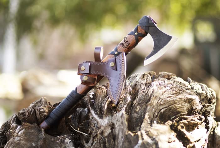 ADAM KNIVES Handmade Gift Forged Carbon Steel Viking Axe, Camping Hatchet with Rose Wood Shaft (Ragnar Axe)