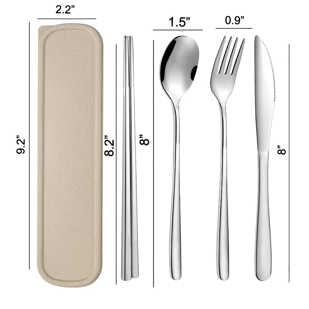 Portable Travel Utensils with Case, 18/8 Stainless Steel 5pcs Cutlery Set Portable Camp Reusable Flatware Silverware, Include Fork Spoon Chopsticks with Case