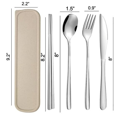 Portable Travel Utensils with Case, 18/8 Stainless Steel 5pcs Cutlery Set Portable Camp Reusable Flatware Silverware, Include Fork Spoon Chopsticks with Case