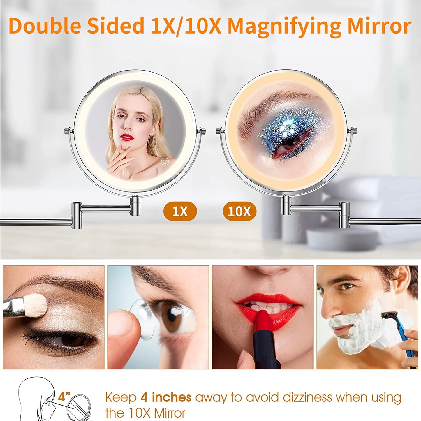 Lighted Wall Mounted Makeup Mirror | 8-Inch Extendable 1x/10x Magnification