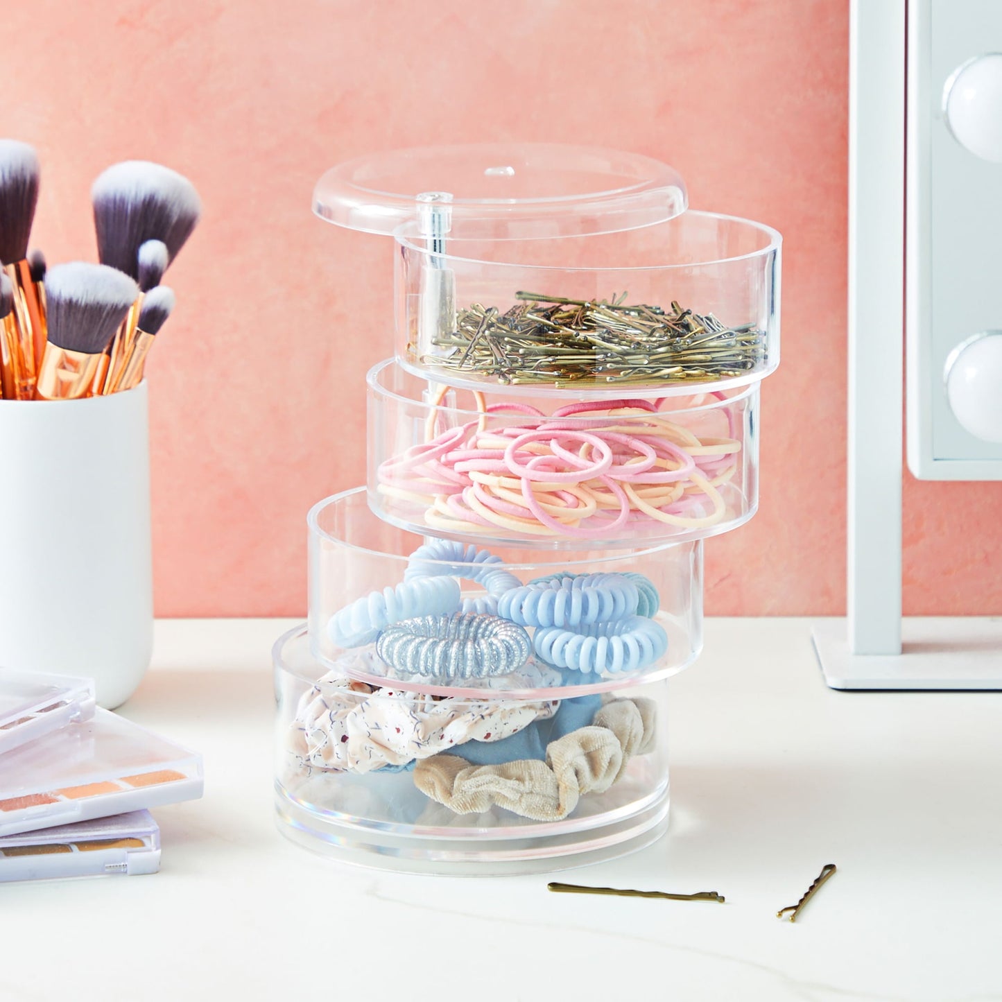 4-Tier Stackable Hair Accessories Organizer | Clear 360° Holder for Ties, Bows & Clips