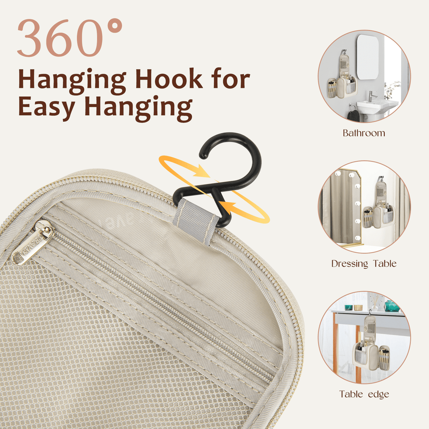 Portable Beige Travel Toiletry Bag | Large Capacity Makeup Case with Hook