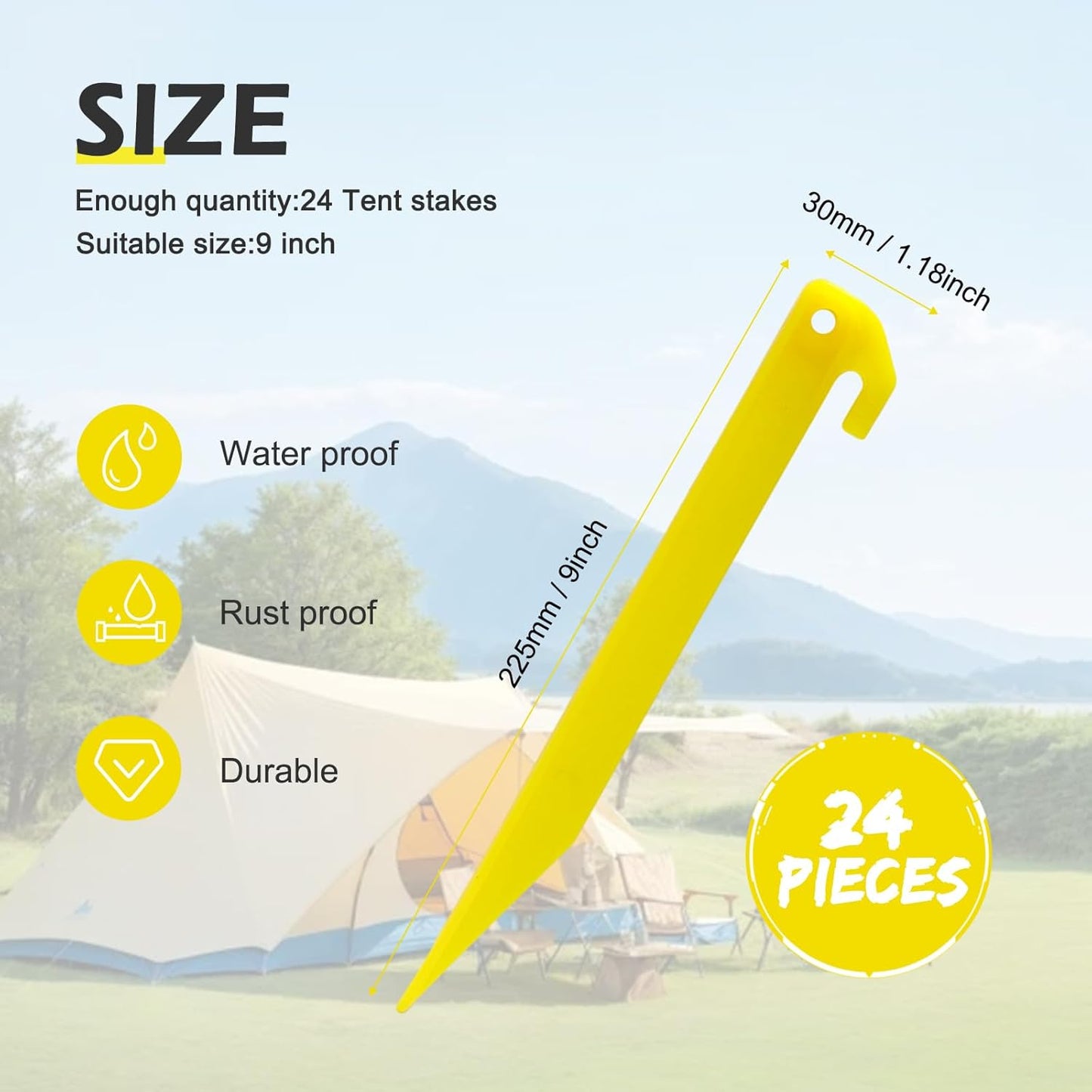 24pcs 9 inches Plastic Tent Pegs Durable Spike Hook Awning Camping Caravan Pegs Accessory,Plastic Tent Stakes Suitable for Outdoor Lawn, Beach,Garden Decoration and Fixation