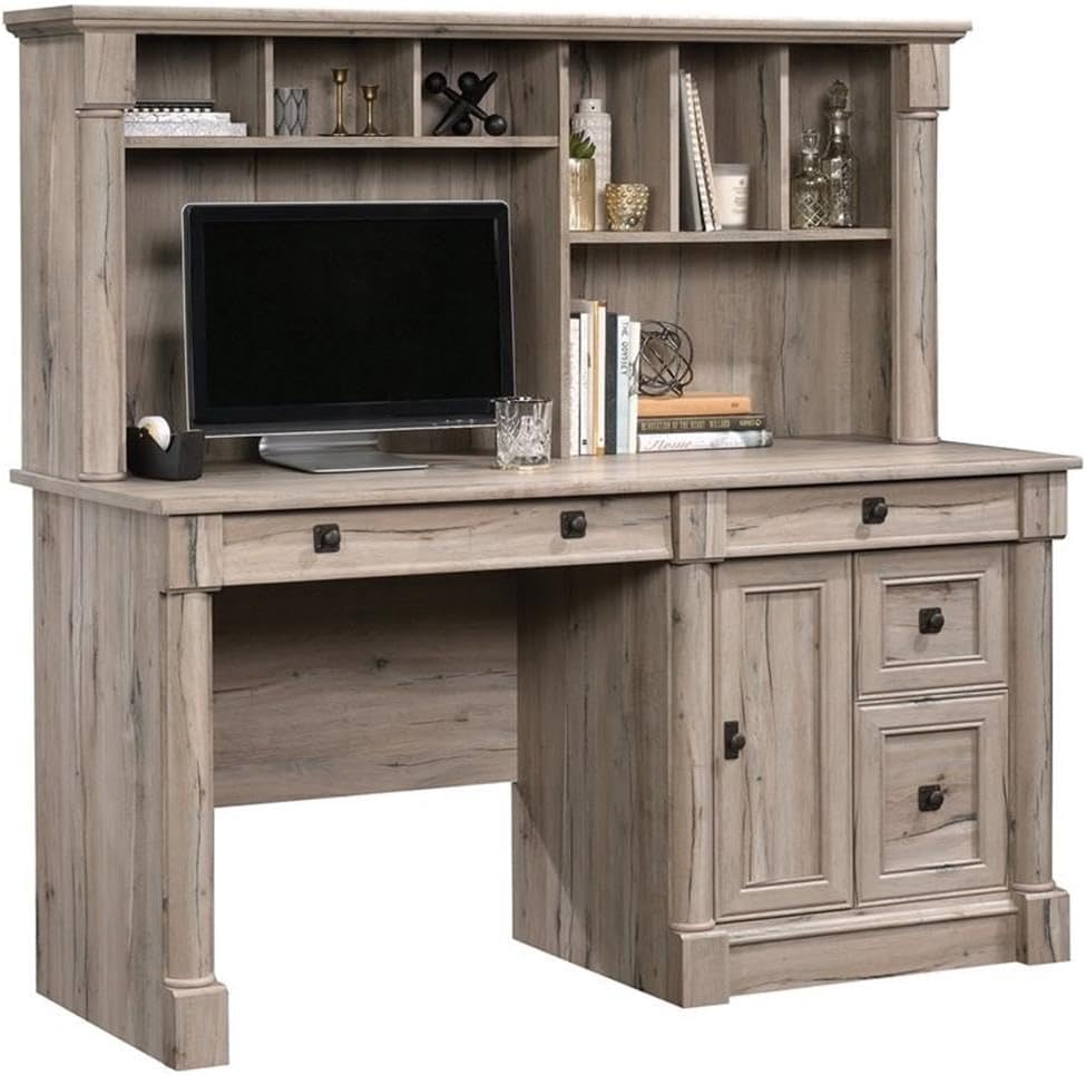 Pemberly Row Contemporary Wood Computer Desk with Hutch in Cherry