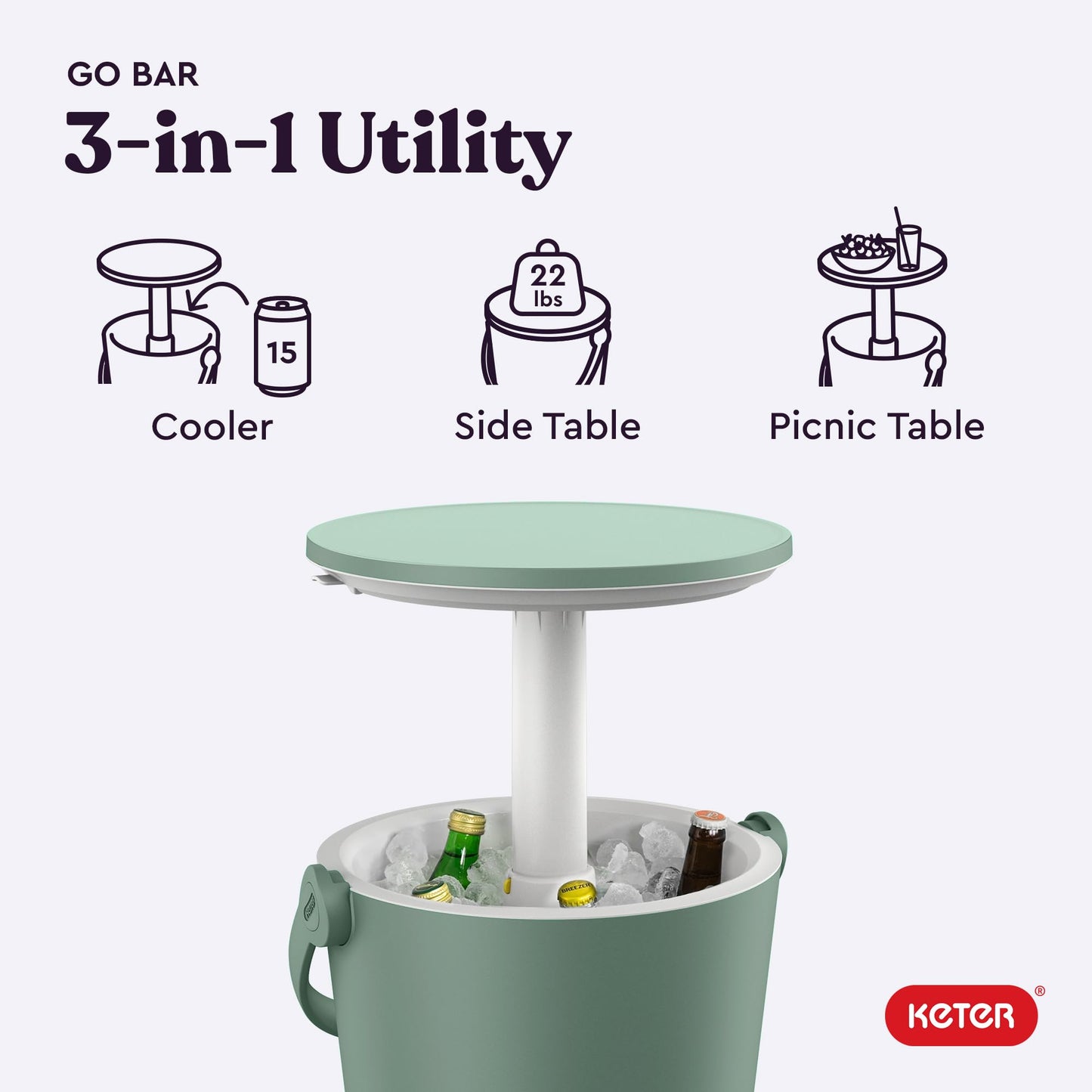 Keter Go Bar 4.2 Gallon Portable Beer and Wine Cooler with Handle and Pop Up Outdoor Table Perfect for Your Patio, Picnic, and Beach Accessories, Green