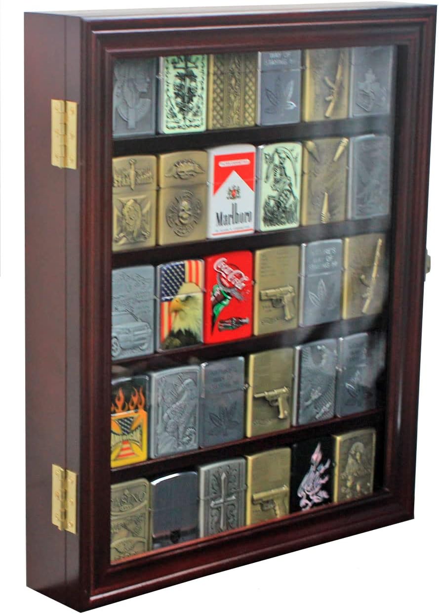 30 Lighters Display Case Wall Cabinet Compatible with Zippo Lighters Military Sport Collectible Match Book Black Frame