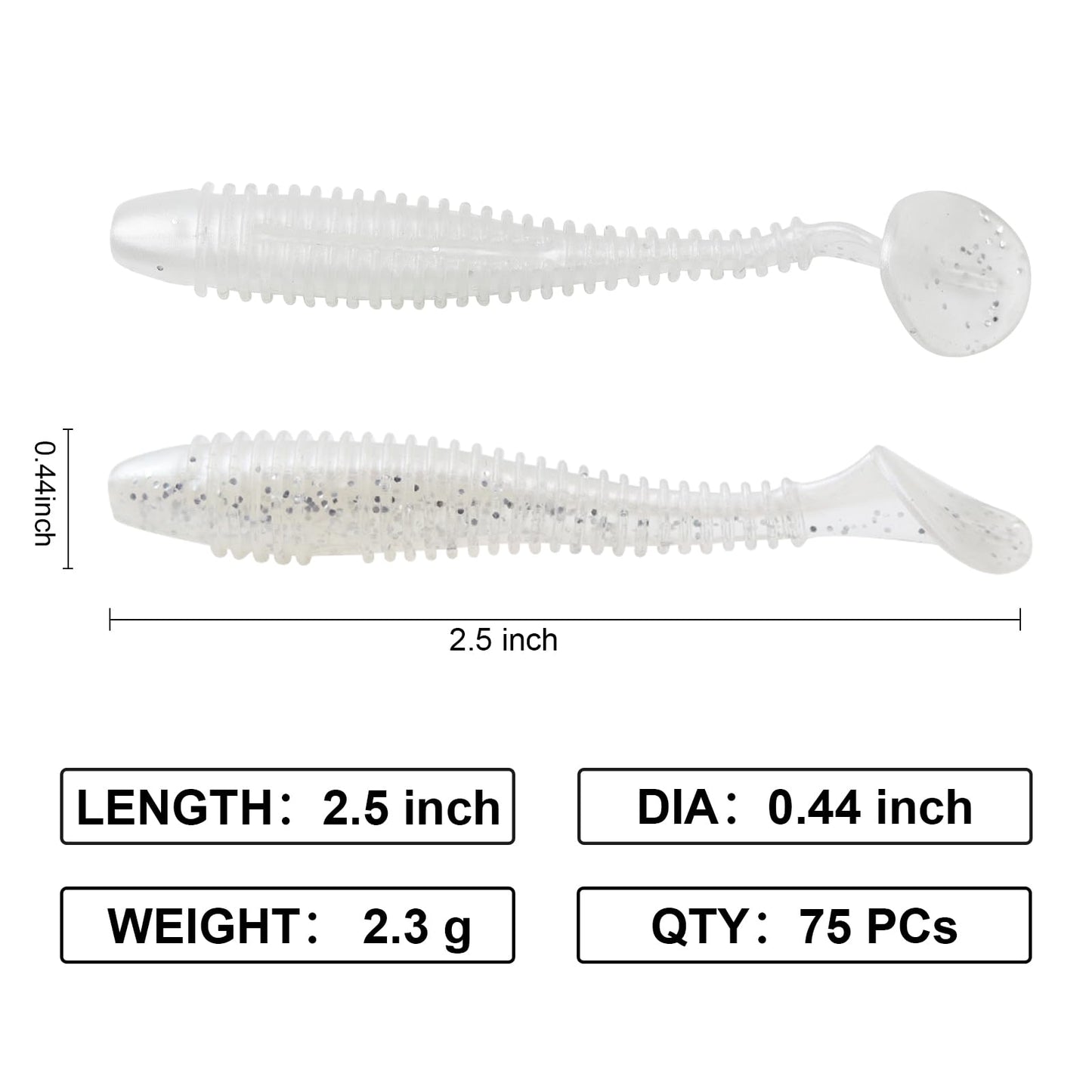 Little Soft Plastic Swimbaits, 75/60 PCs, 2.5"/3" Full Solid Body Paddle Tail Lures with Dia 0.44"/0.46", CWSDXM Fishing Baits, Thin Rib Shad for Trout Crappie Bass, Swimmers(3", White)