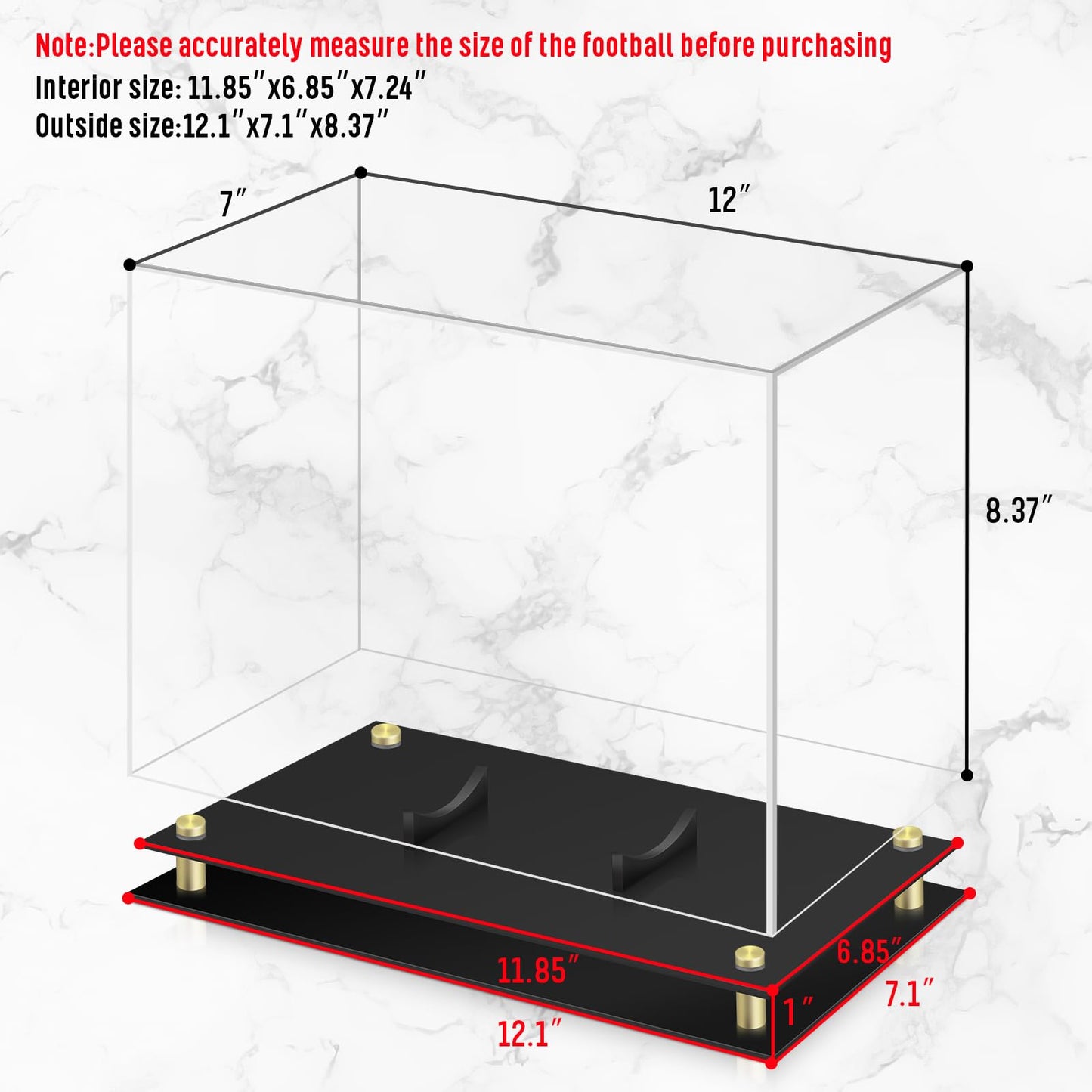 1DOT2 Football Display Case, Clear Acrylic Memorabilia Football Case Box with Double-Layer Black Built-in Football Display Holder for Football Fans, Collectors (No Assembly Required)