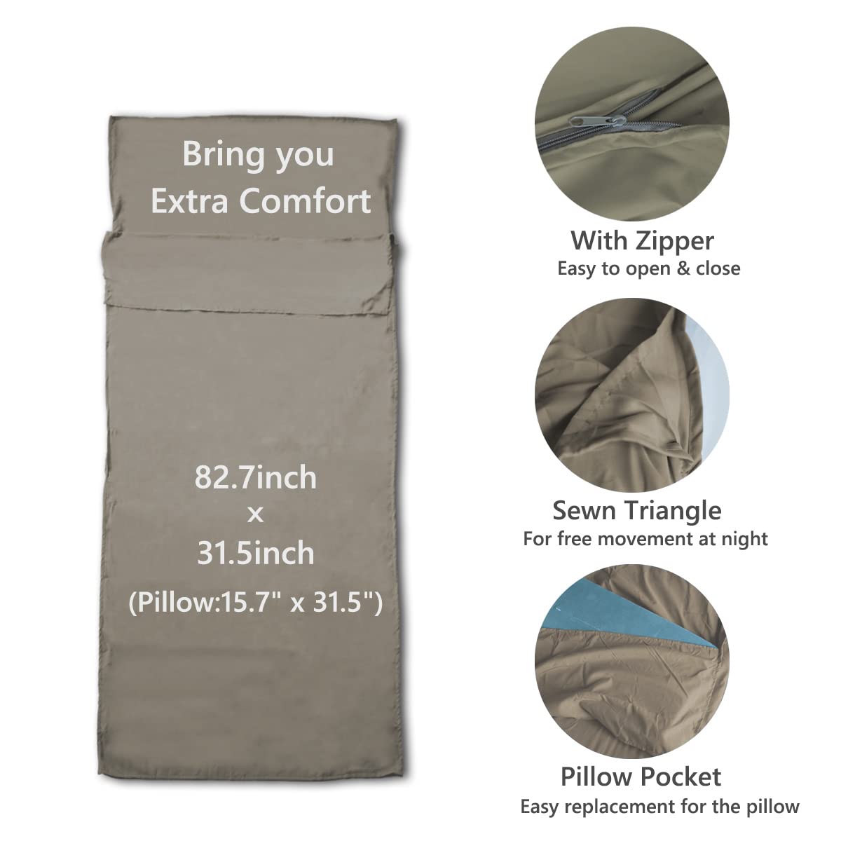 JIVELER Lightweight Sleeping Bag Liner Camping Travel Sheets Ultralight Sleeping Bag Sack for Backpacking Hiking Hotel Hostels and Traveling, Stuff Sack Included (Khaki)
