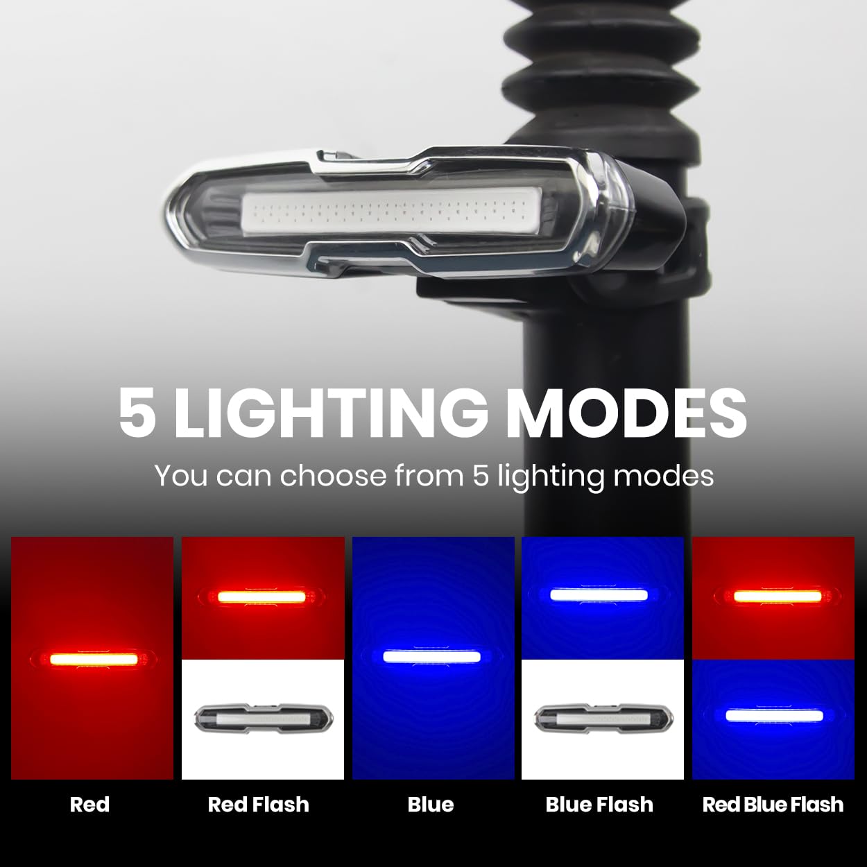 New Bike Tail Light with Red-Blue Dual Color,5 Modes,Silicone Strap,USB Rechargeable,Waterproof,168 Lumens Super Bright Bicycle Rear Lights Turn Signals for Night Riding