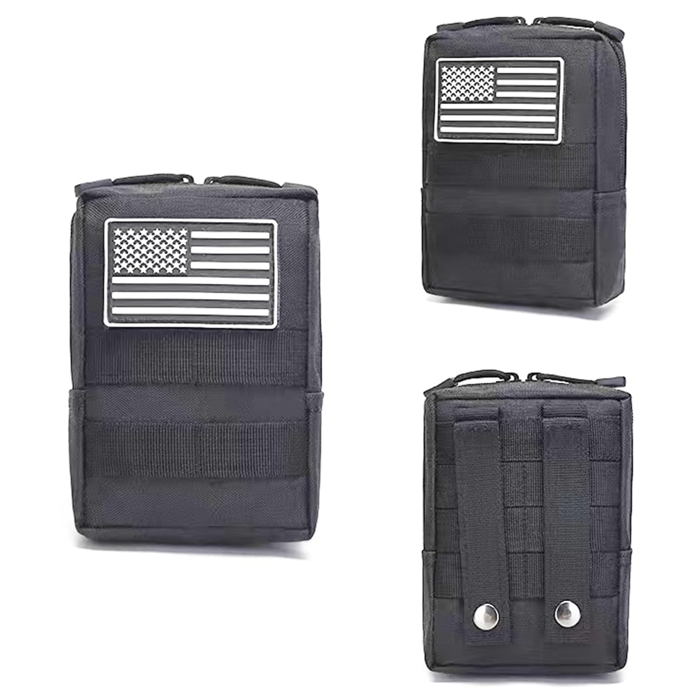 2 Pack Molle Pouches-Vest Pouch Belt Pouch Waist Bag Pack EDC Molle Accessories Bag Small Utility Pouch with Flag Patch Black