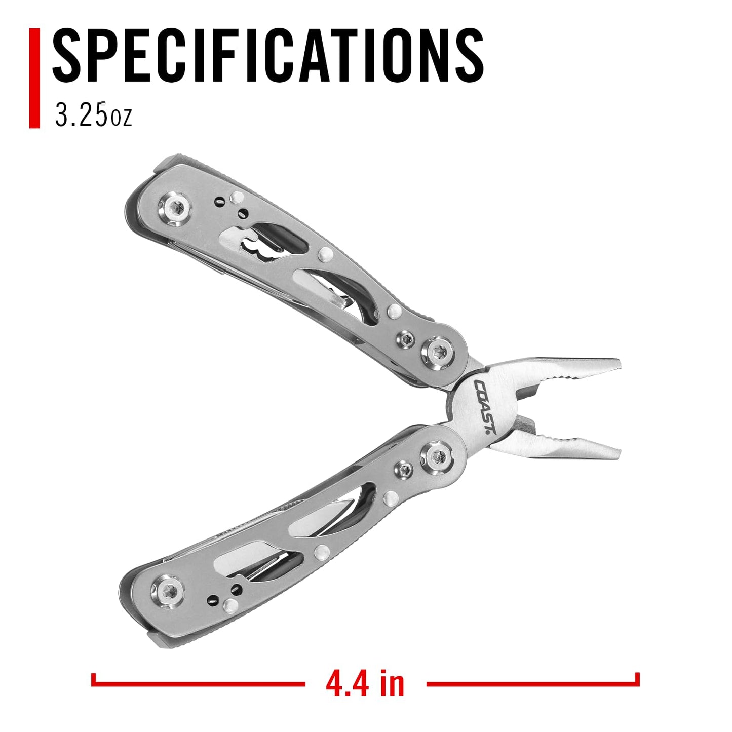 COAST CT211 11-in-1 Stainless Steel Multi-Tool, Multi-Plier, Wire Cutter, Serrated knife, Mini Knife, 3 Screwdrivers, File, Nail Cleaner, Leather Punch and Bottle Opener - EDC