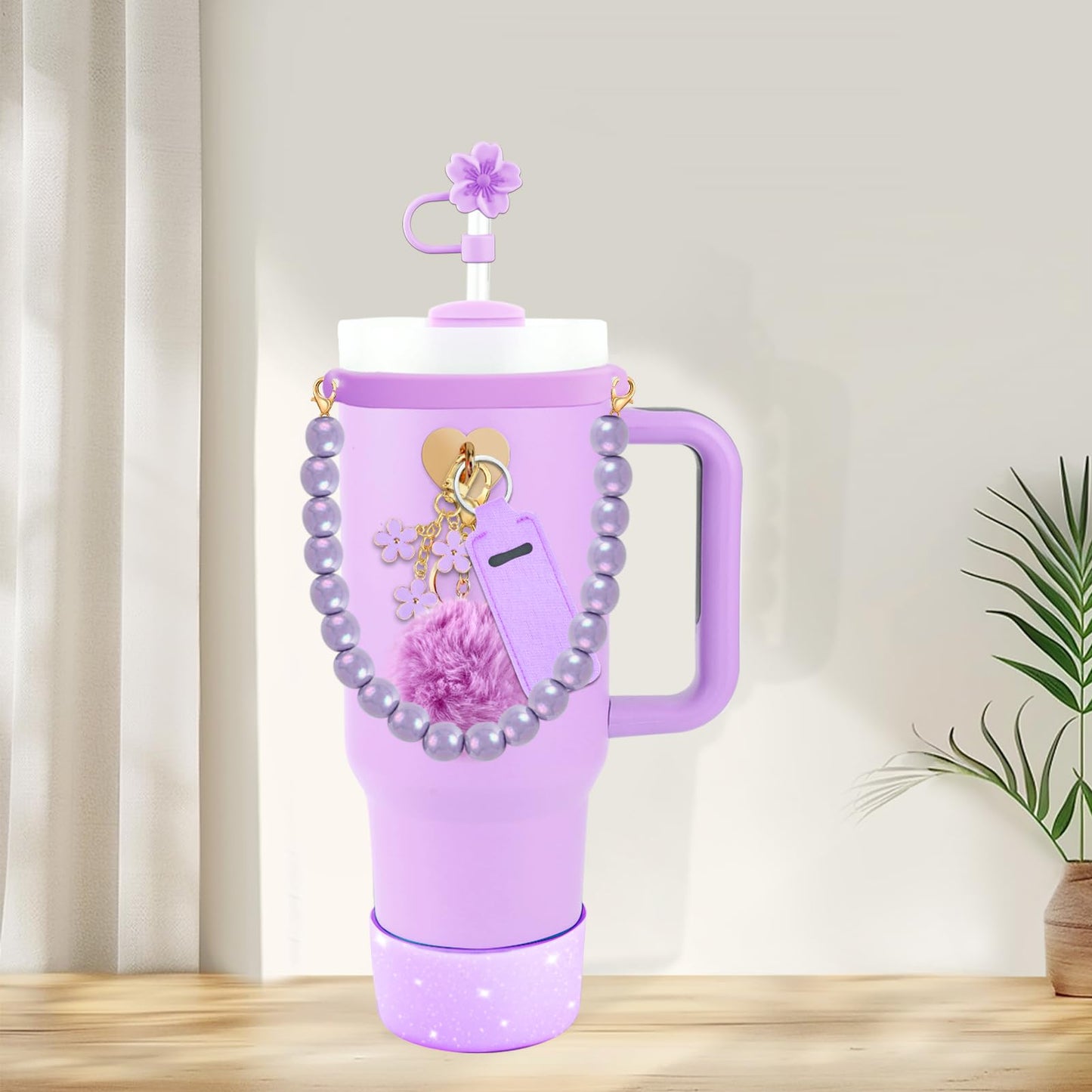 Lestp Accessories Set for Stanley Cup Water Bottle Holder Strap Straw Cover Cap for Stanley Cup Charms Boot Flower Purple Tumbler 30oz 40oz Accessories Cute Silicone Straw Topper Charms Boot Holder