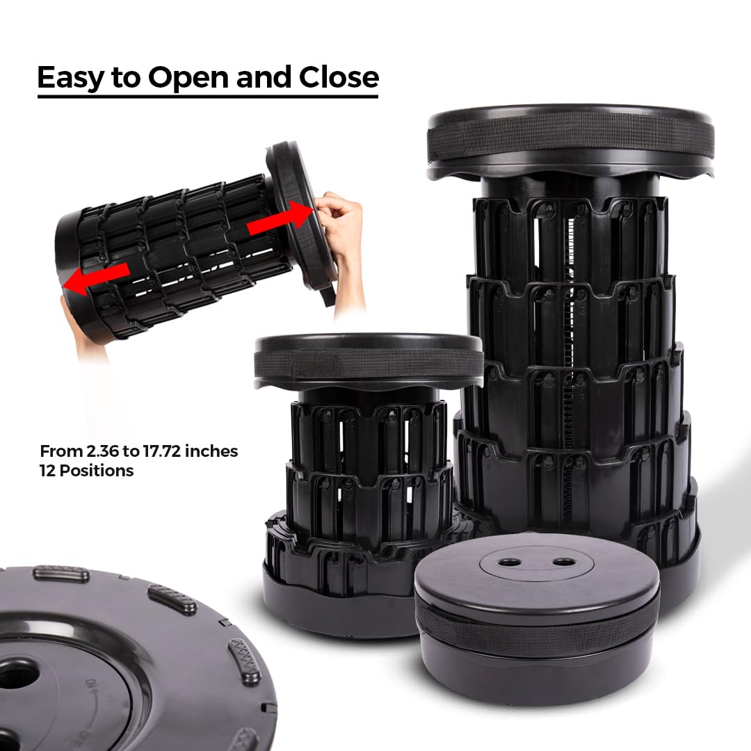 Upgraded Collapsible Stool β Easy to Carry retractable Stool - Lightweight telescoping stool for Camping & BBQ βSturdy Portable Stool - Slip Resistant Telescopic Stool with Max Load Capacity 1000lbs