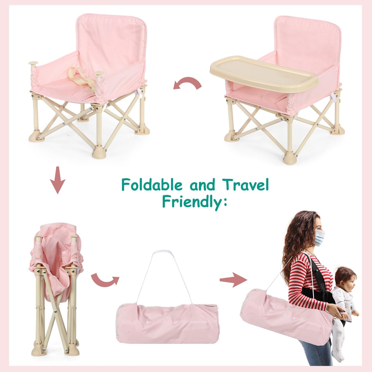 Suzile Outdoor Beach Chair with Umbrella Travel Booster Seat with Tray Compact Folding Chair Portable Booster Chair with Storage Bag, Backrest Pocket for Dining Table, Camping (Baby Pink)