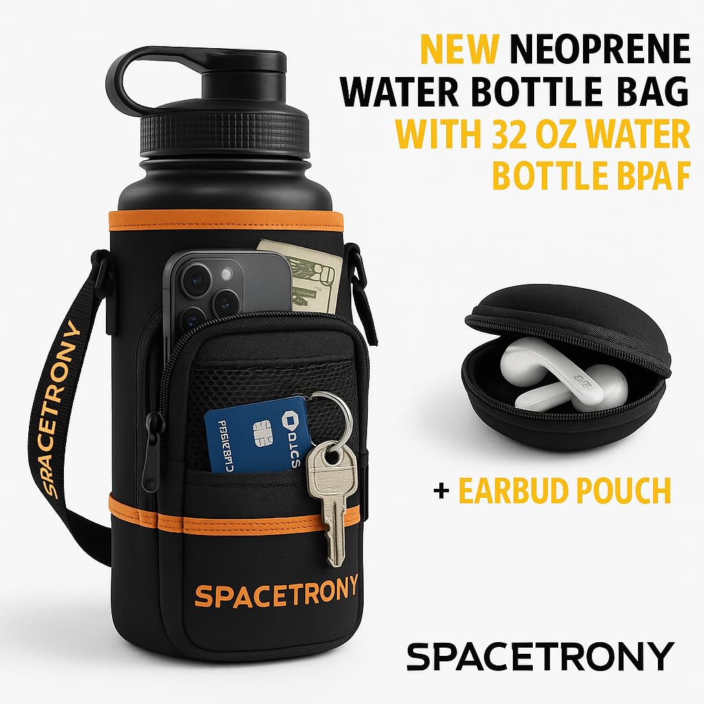 32oz Motivational Water Bottle - Neoprene Water Bottle Sleeve for Running/Hiking - Water Bottle Holder with Straps for Shoulder/Crossbody Pockets for Phone/Keys/Cards, Perfect for outdoor activities.