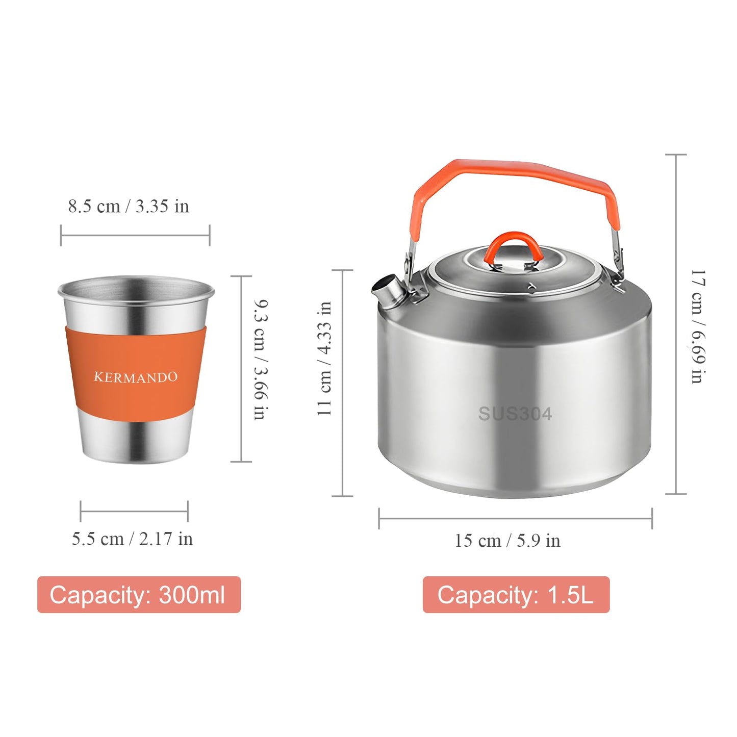 KERMANDO Camping Kettle Set, 1.5 L Stainless Steel Kettle with 4 Stackable 300 ML Cups, Anti-Scald Handle, Removable Silicone Covers, and Mesh Bag - ideal for Boiling Water and Making Coffee Outdoors