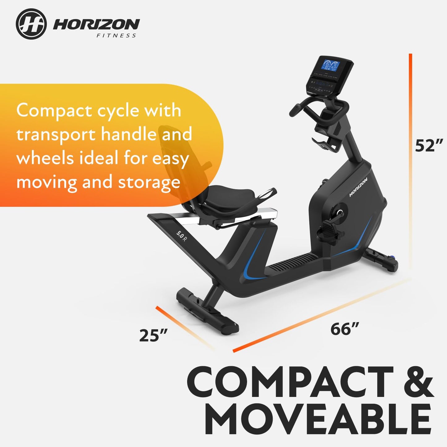 Horizon Fitness 5.0R Recumbent Bike, Fitness & Cardio, Magnetic Resistance Cycling Bike with Bluetooth, Comfort Seat with Lumbar Support, Step-through Frame, and 350lb Weight Capacity