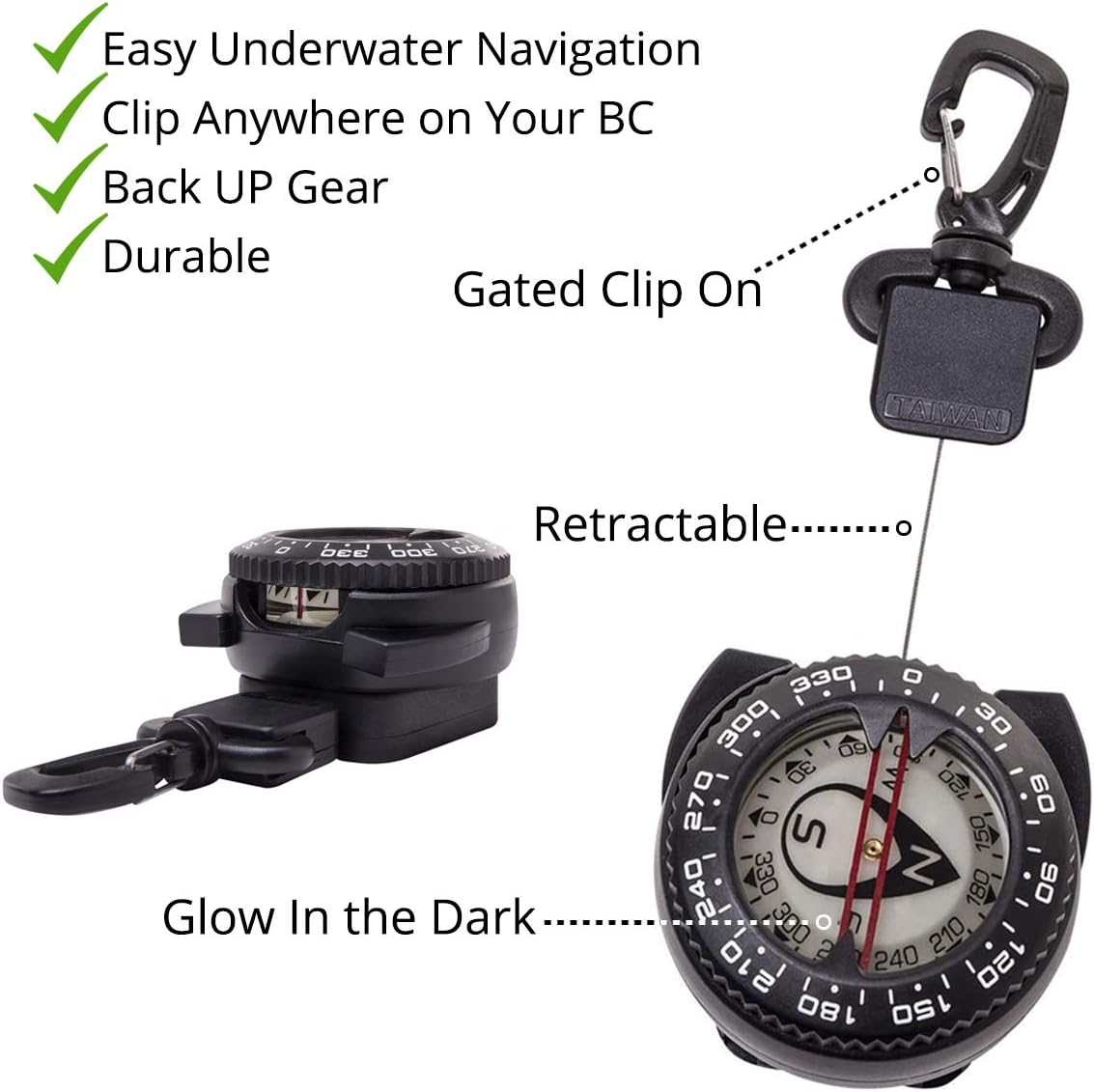 Trident Retractor Compass with Gate snap, Waterproof Oil Filled Compass for Scuba, Camping, Kayaking and Outdoor Sports