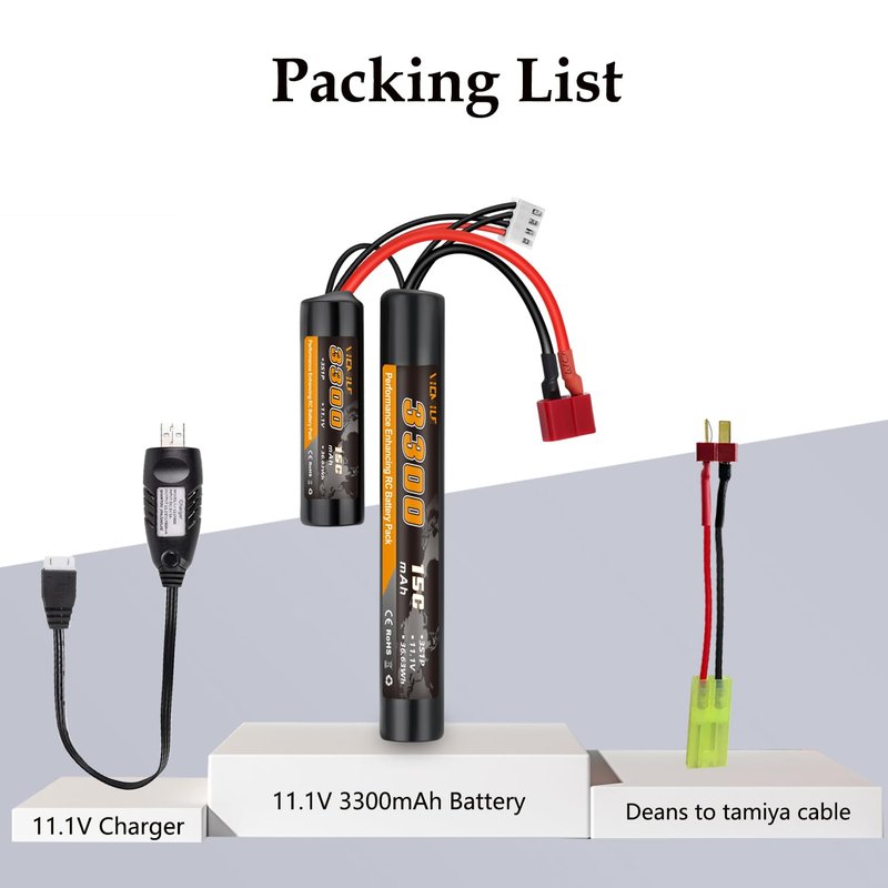 VICMILE 3300mAh Airsoft Battery 11.1V Nunchuck Battery with Dean-Style T Plug and Mini Tamiya Cable 3S Rechargeable Stick Shape Butterfly Fit for aeG AK47 M4 MP5 and Most Airsoft Model Guns Rifles