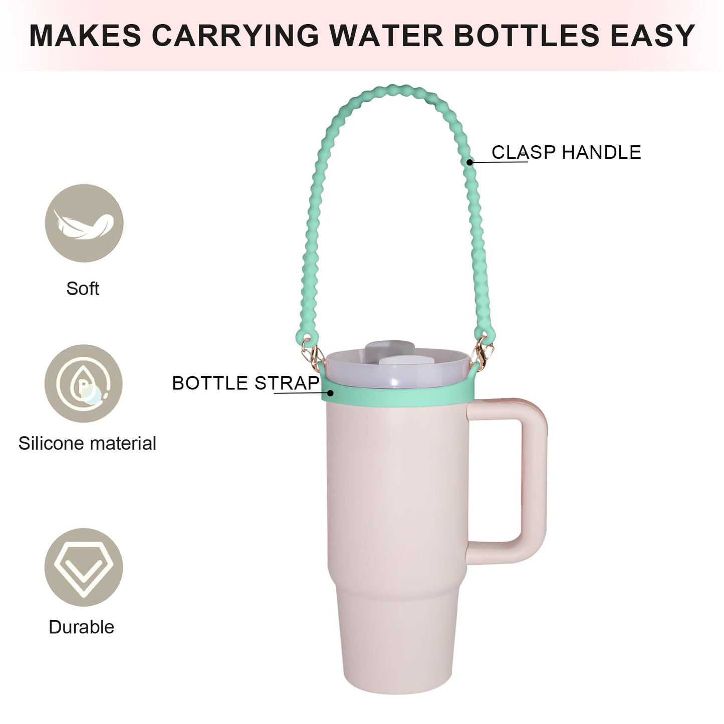 Genleas Silicone Water Bottle Handle - Holder with Strap - Water Bottle Lanyard-Water Bottle Sling - Specifically Designed for Stanley Quencher - Also Fit for Most 8-40oz Bottles