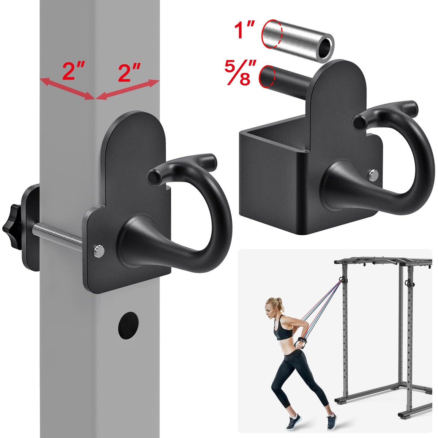 Kipika Anchor for Resistance Bands Fits 2" x 2" Power Rack with 5/8" or 1" Hole - Heavy Duty Steel Hooks with Rubber Pads for Home Gym Workouts, Strength Training,and Physical Therapy Exercise, 2 Pack