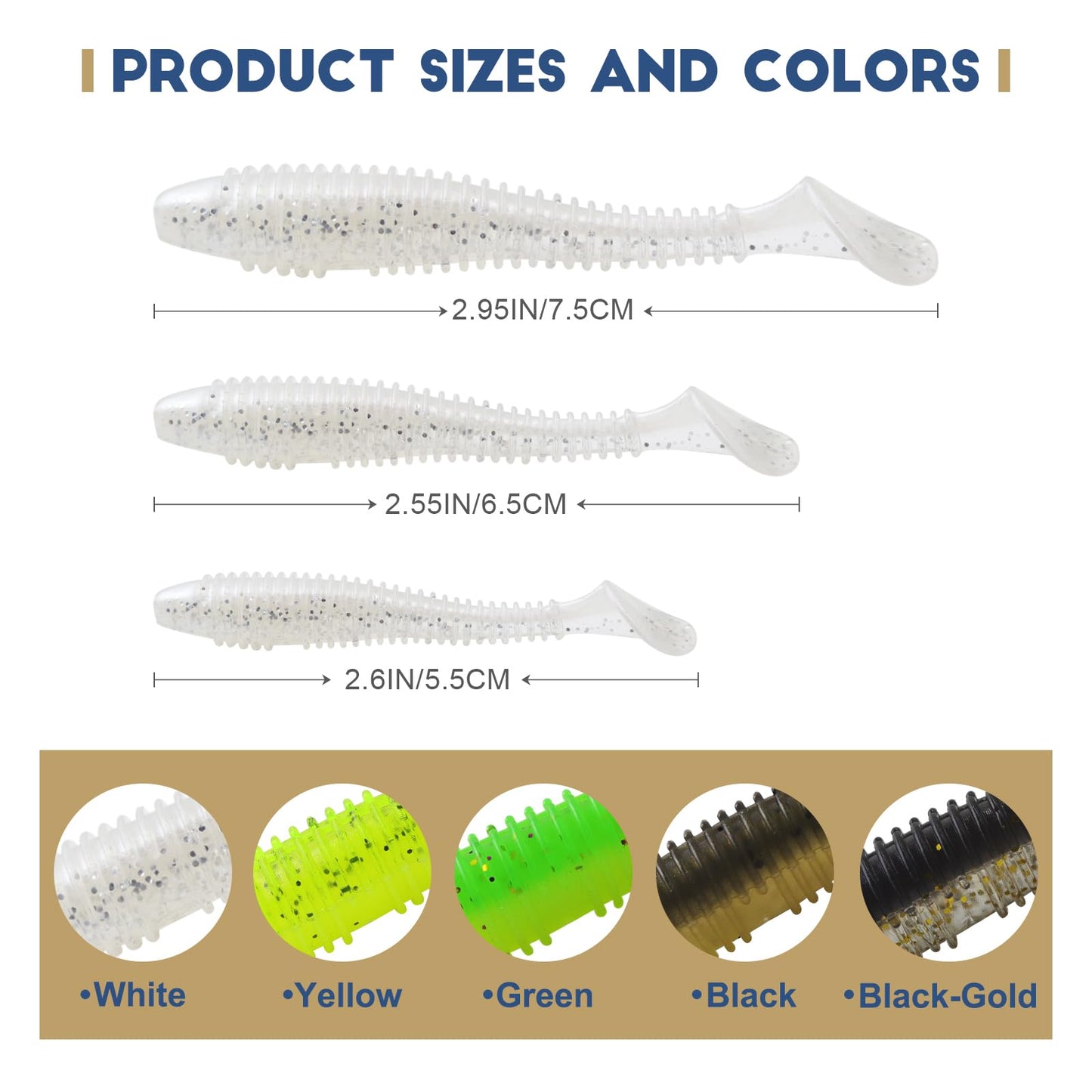 MAFIMOEA50/40/30Pcs Paddle Tail Swim Baits Lures Fishing Soft Plastic Lure Kit for Bass Trout Walleye Crappie 5.5cm 6.5cm 7.5cm