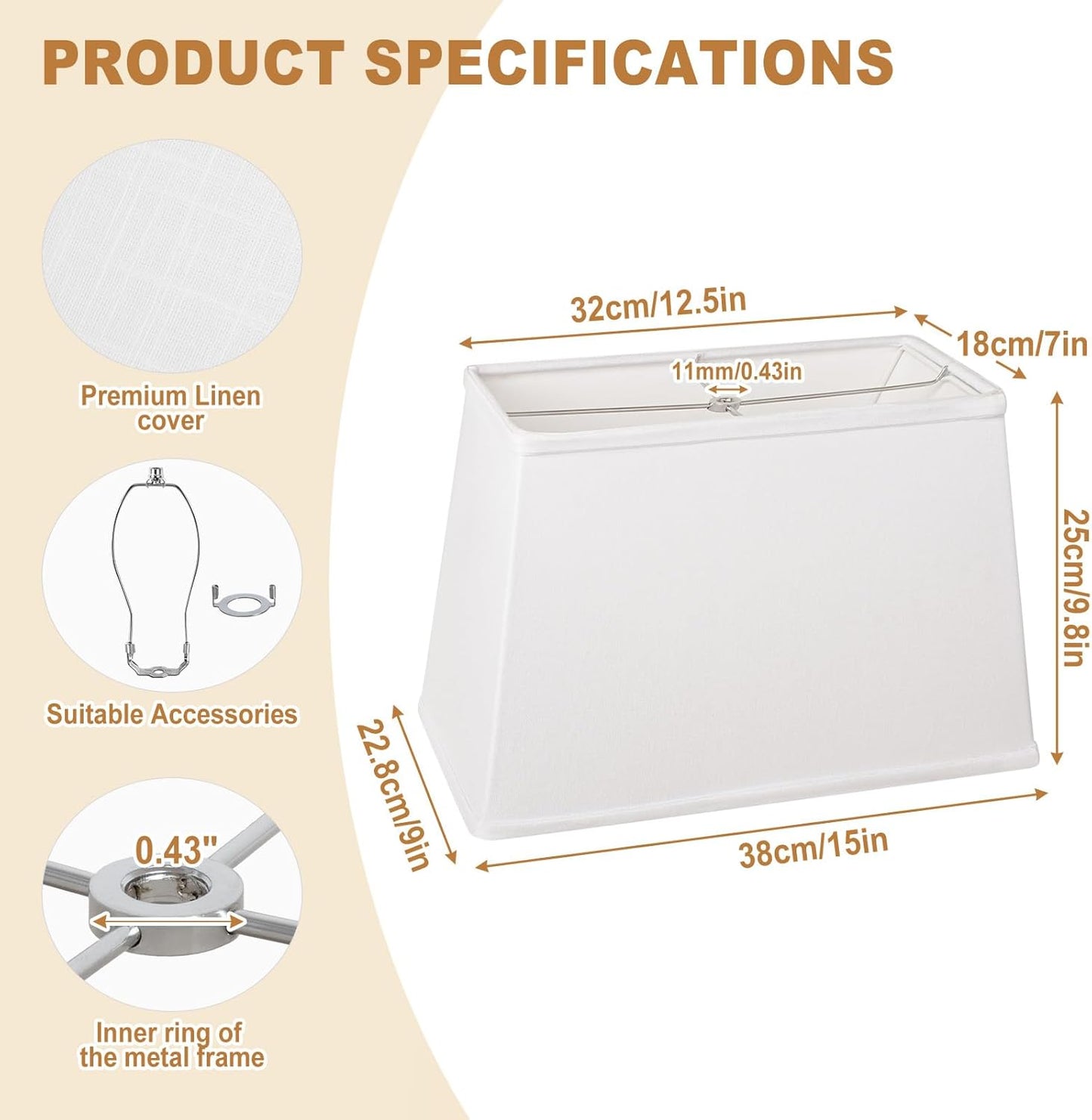 Rectangle White Lamp Shade, Square Large Linen Lamp Shades, Top 7"x12.5", Bottom 9"x15", Height 9.8", Includes 1 Harp Holder,2 Adapters, Fits Table,Floor and Wall Lamp Shades, Easy Assembly