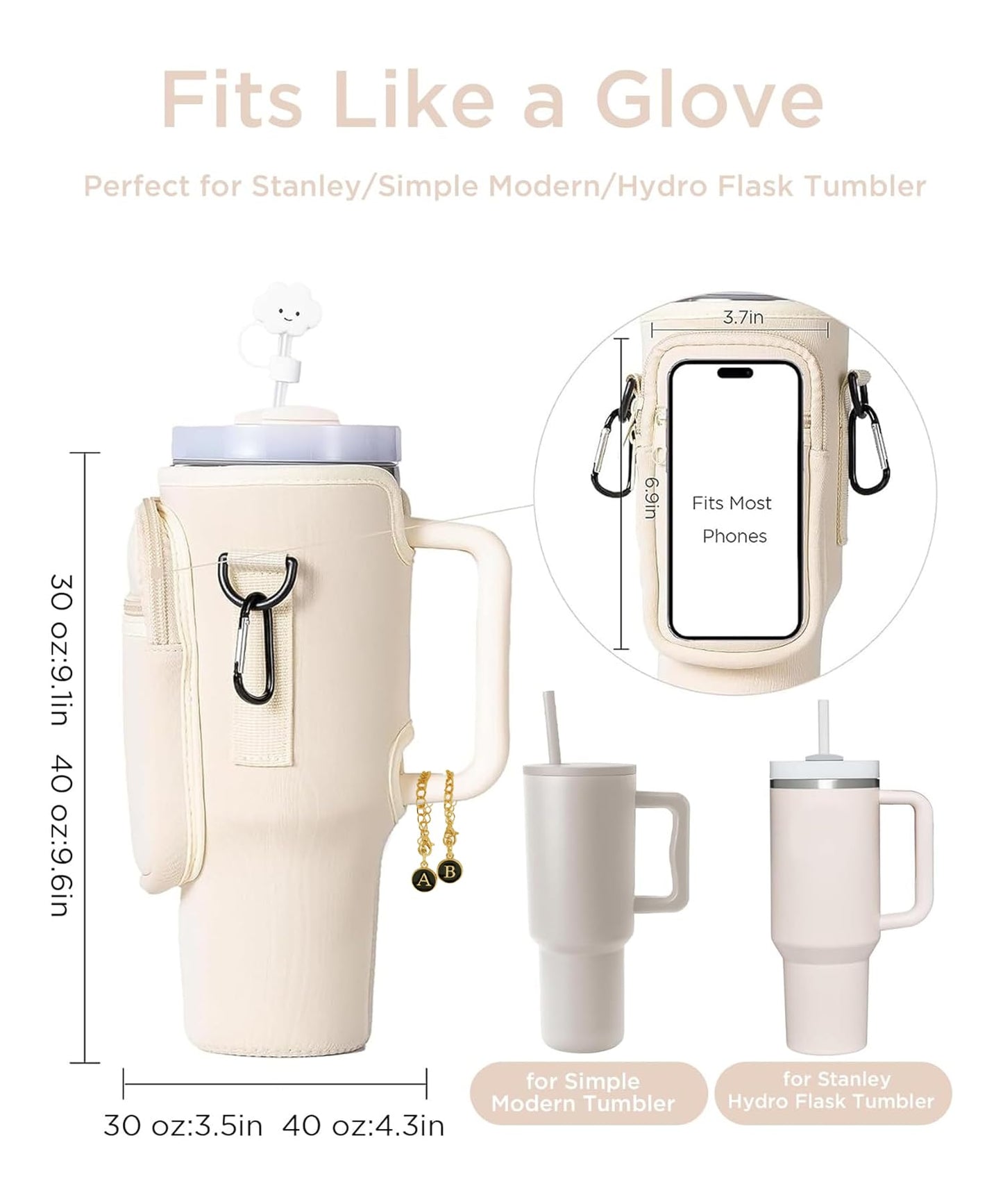 dabria Water Bottle Carrier Bag with Phone Pocket for Stanley 40 oz Tumbler Neoprene Water Bottle Holder Pouch with Adjustable Strap Bollus with Straw Cover & Letter Charm for Stanley Cup Accessories