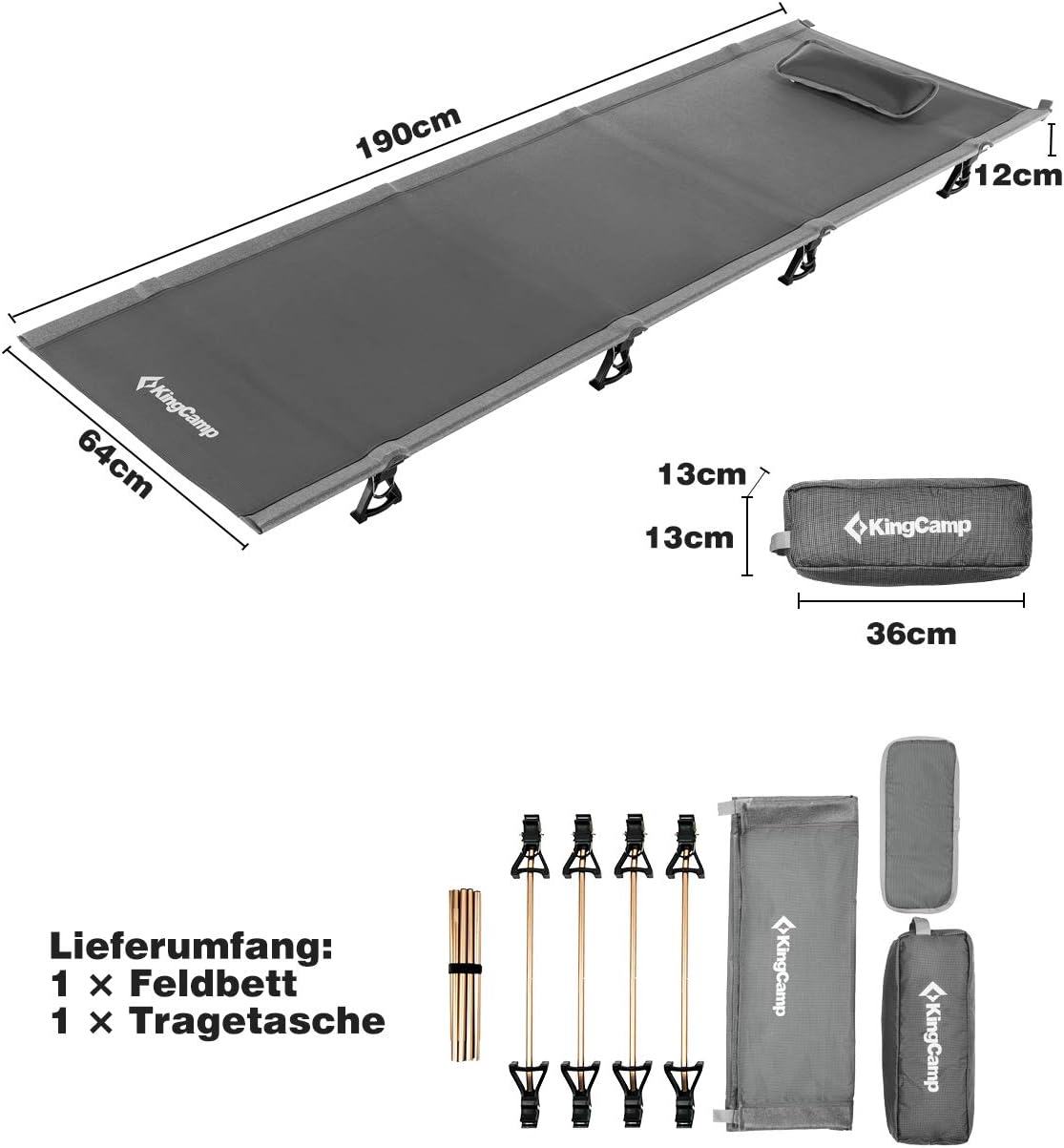 KingCamp Folding Camping Cots for Adults Heavy Duty, Sleeping Cot for Indoor & Outdoor Use, Portable Collapsible Camping Bed, Ultralight with Pillow and Storage Bag Support 265 Lbs