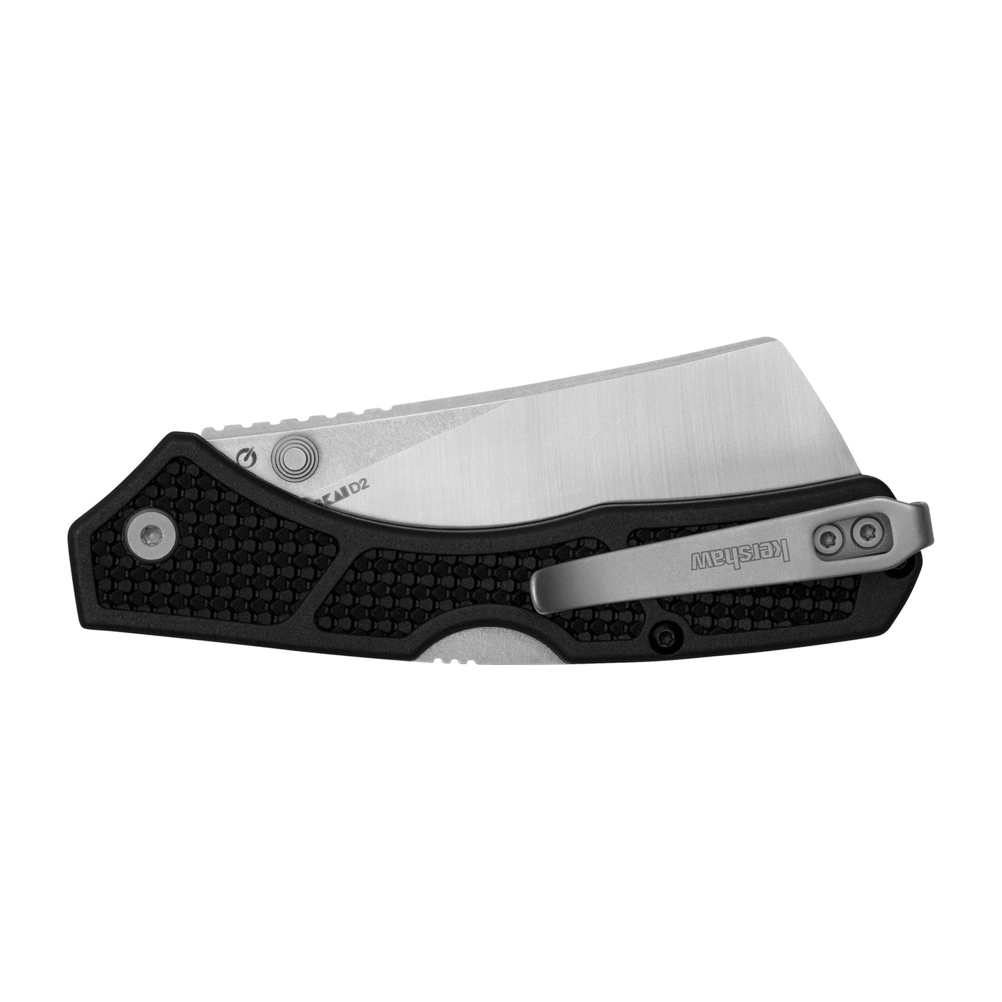 Kershaw Hatch Folding Pocket Knife, 3.15 inch Cleaver Style D2 Stainless Steel Blade, Black Handle, Mid Lock Mechanism, Pocketclip