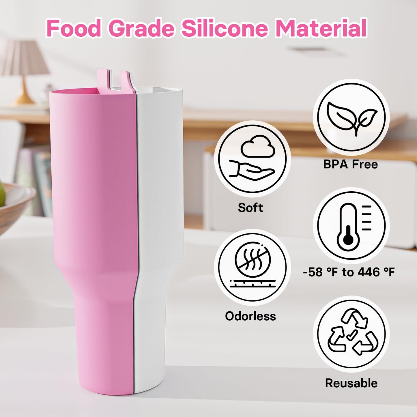 Kawaiita 2-in-1 Drink Separator Silicone Liner Compatible with Stanley Cup 40 oz, Stanley Accessories, Reusable Liner for Cold Drink Separator for Coffee, Juice, Cocktails, Whiskey (Pink and White)