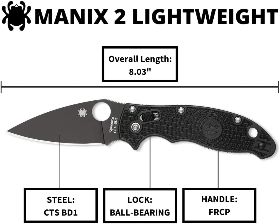 Spyderco Manix 2 Lightweight Signature Knife with 3.37" CTS BD1 Black Steel Blade and Black FRCP Handle - PlainEdge - C101PBBK2