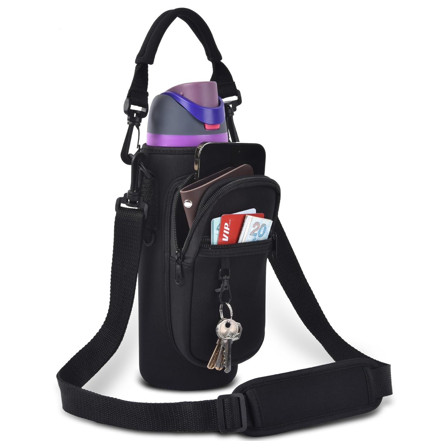 Water Bottle Holder Bag with Phone Pocket for Owala FreeSip 24 oz Neoprene Water Bottle Carrier Pouch with Adjustable Shoulder Hand Strap Crossbody Accessories for Hiking Travelling Camping