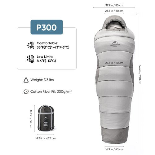 Naturehike Sleeping Bag, 33-43℉(1-6℃), Cold-Weather Mummy-Style, Waterproof, Camping Essentials Sleeping Accessories, No-Snag Zipper with Adjustable Hood for Warmth and Ventilation (P300)