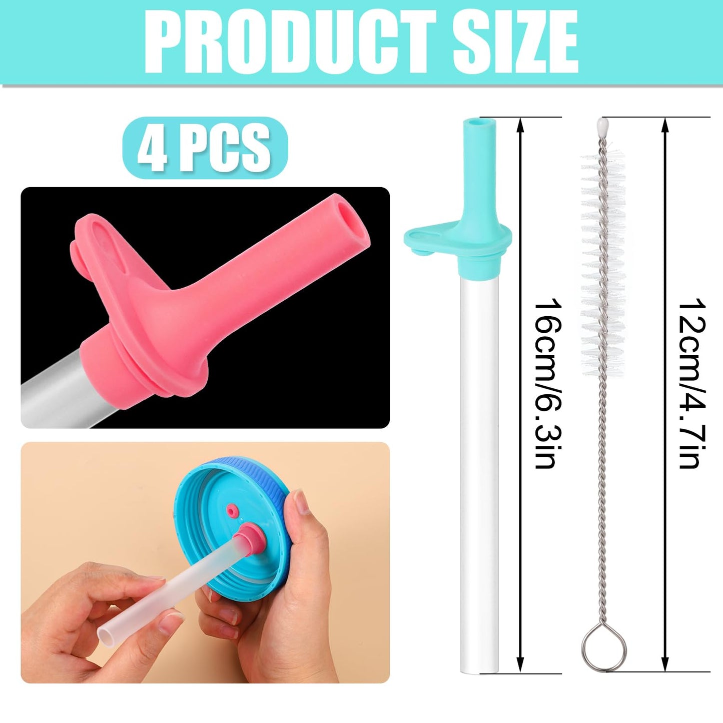 4pcs Replacement Straws with Bite Valve for Zak Designs Kelso 15 oz, with 1 Cleaning Brush Reusable Kids Cup Replacement Straws Accessory for Zak, BPA-Free (Light Blue + Pink)