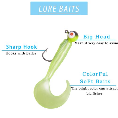 Soft Plastic Fishing Lure Jig Head Hook Kit,Grub Worm Lures Crappie Jigs Head Grub Tail Swimbait Tube Bait Jigs for Saltwater Freshwater, Trout Crappie Fishing 17pcs